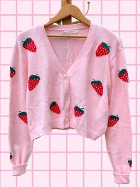 Moon & Madison Pink Strawberry Knit Cardigan Sweater - Size L